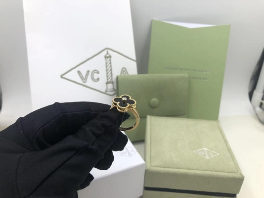 Van Cleef And Arpels Vintage Alhambra Ring Yellow Gold Onyx Round Diamond
