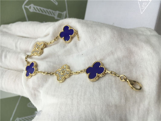 Vintage Alhambra Bracelet Luxury Diamond Jewelry 5 Motifs Yellow Gold Blue Ceramic