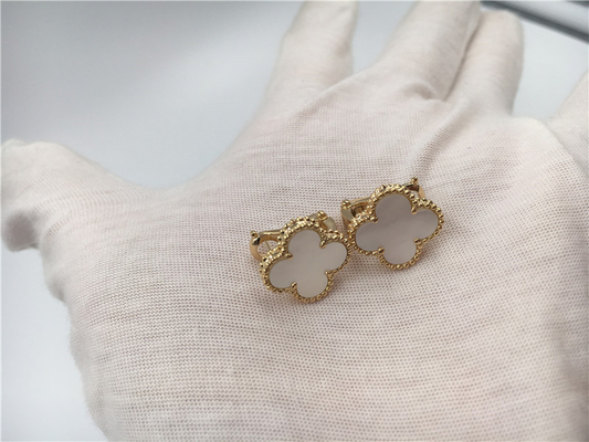 Vintage Alhambra 18K Gold Earrings With White Mother Of Pearl / Clover Leaf Shape