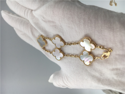 Elegant 18K Gold Jewelry Vintage Alhambra Bracelet With White Mother Of Pearl