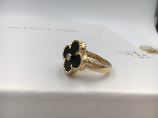 Round Diamond / Onyx 18K Gold Ring Vintage Alhambra For Wedding / Engagement