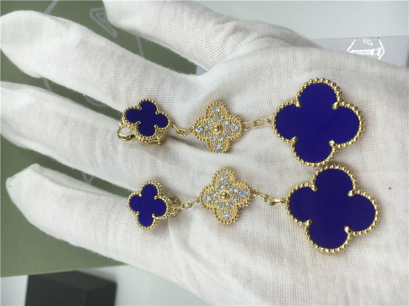 3 Motifs Blue Ceramic 18K Gold Earrings Flower Shaped Round Diamonds For Women