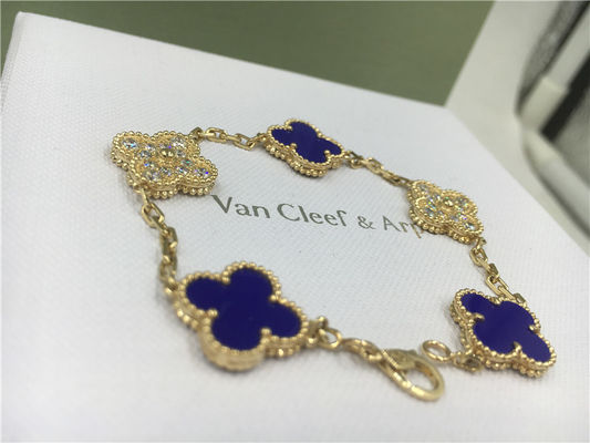 Quality Vintage Alhambra Bracelet Luxury Diamond Jewelry 5 Motifs Yellow Gold Blue Ceramic factory