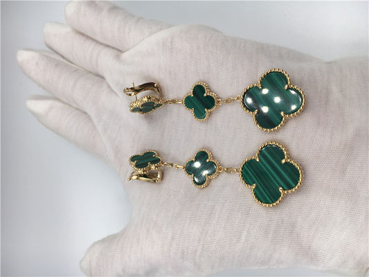 Quality Green 18k Gold Vca Alhambra Earrings , Van Cleef Onyx Earrings With Malachite factory