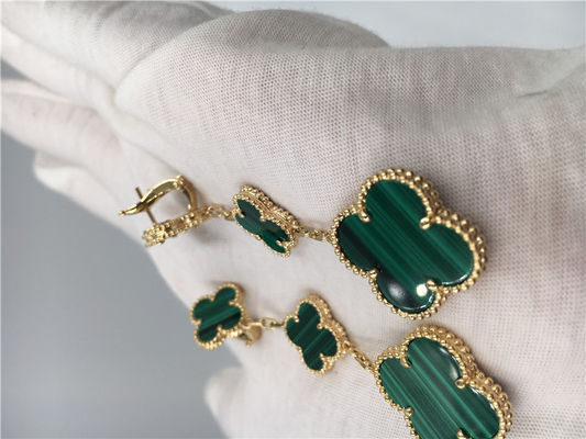 Quality Green 18k Gold Vca Alhambra Earrings , Van Cleef Onyx Earrings With Malachite factory