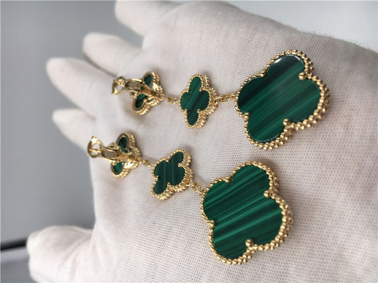 Quality Green 18k Gold Vca Alhambra Earrings , Van Cleef Onyx Earrings With Malachite factory