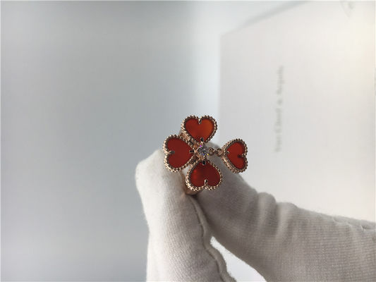 Quality 18k Rose Gold Van Cleef And Arpels Flower Ring With Carnelian / Round Diamond factory